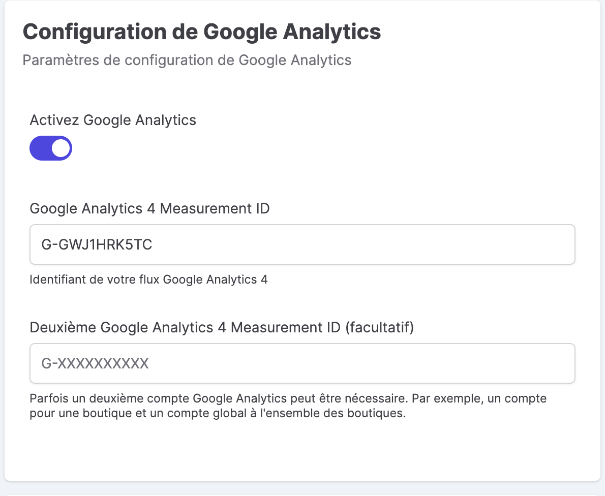 Panneau de configuration de Google Analytics dans le back-office Kixell Tag