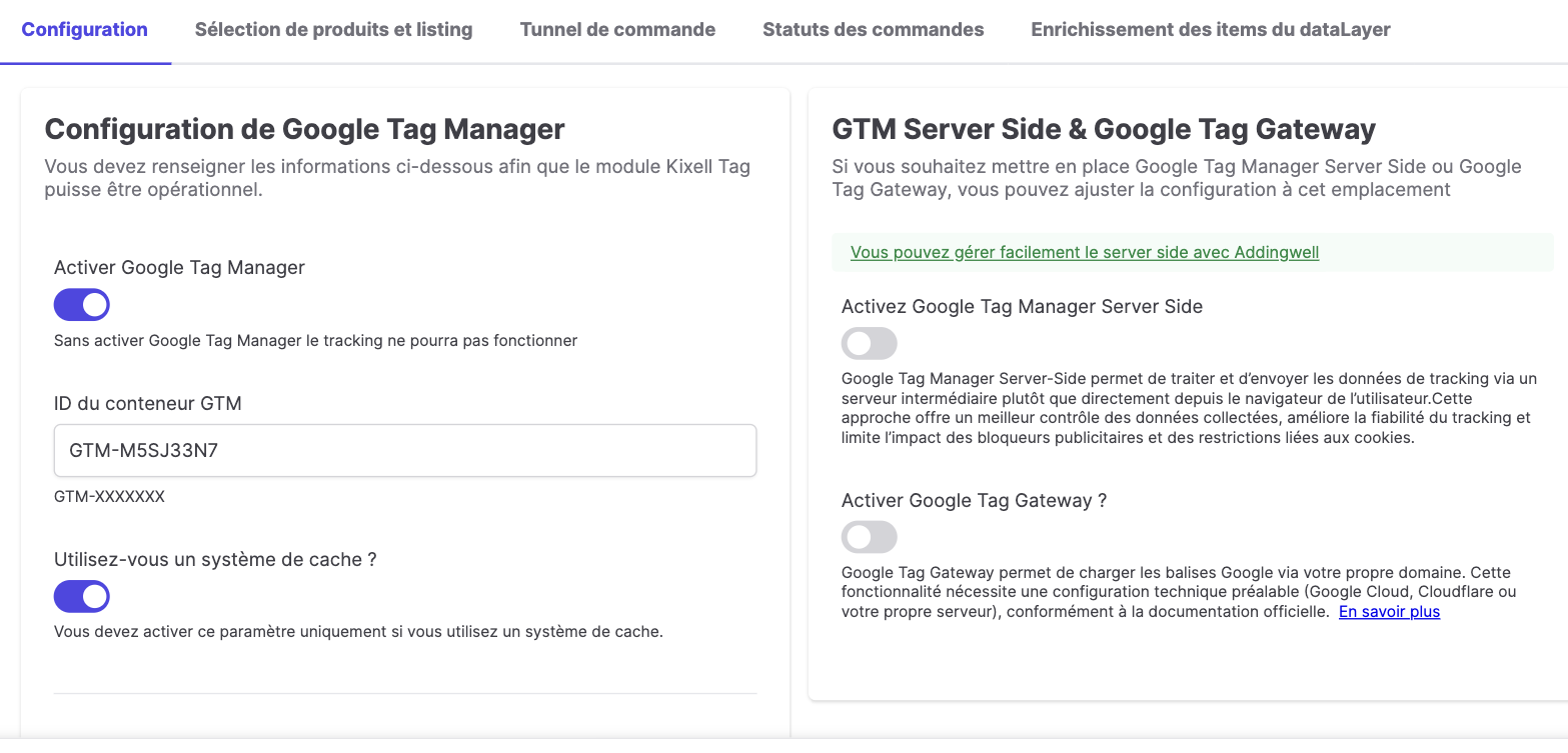 Interface GTM du module : Server Side et Google Tag Gateway désactivés