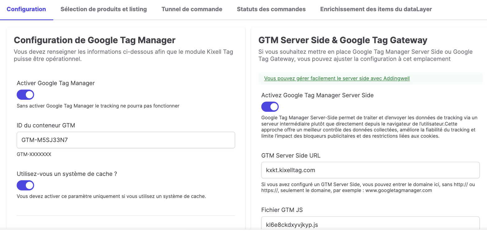 Interface GTM du module : Google Tag Manager Server Side activé