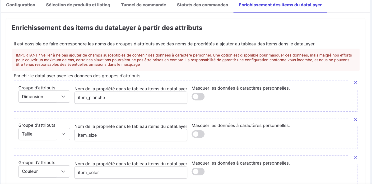 Onglet Enrichissement des items du dataLayer dans l'interface GTM du module Kixell Tag