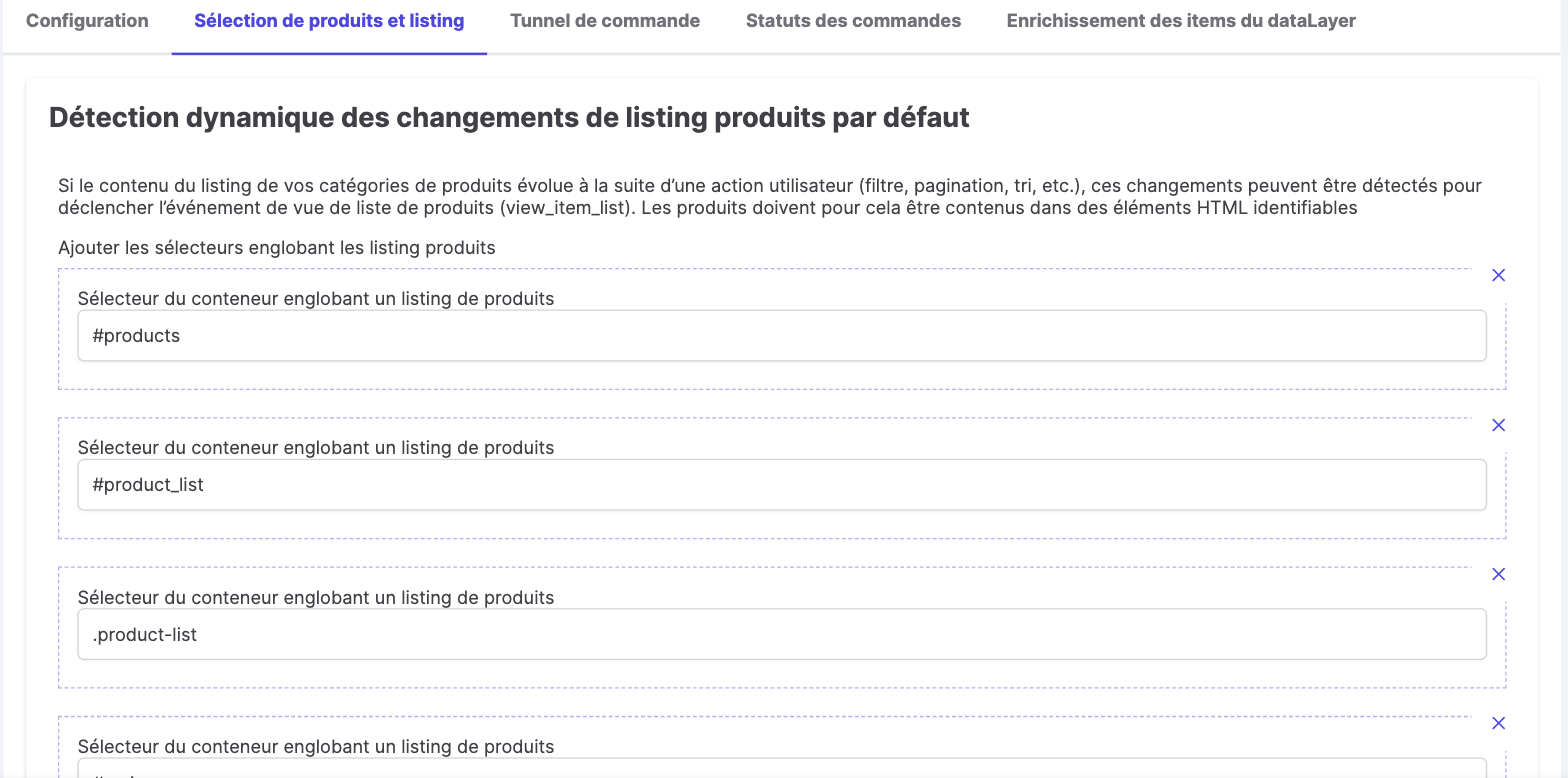 Onglet Sélection de produits et listing dans l'interface GTM du module Kixell Tag