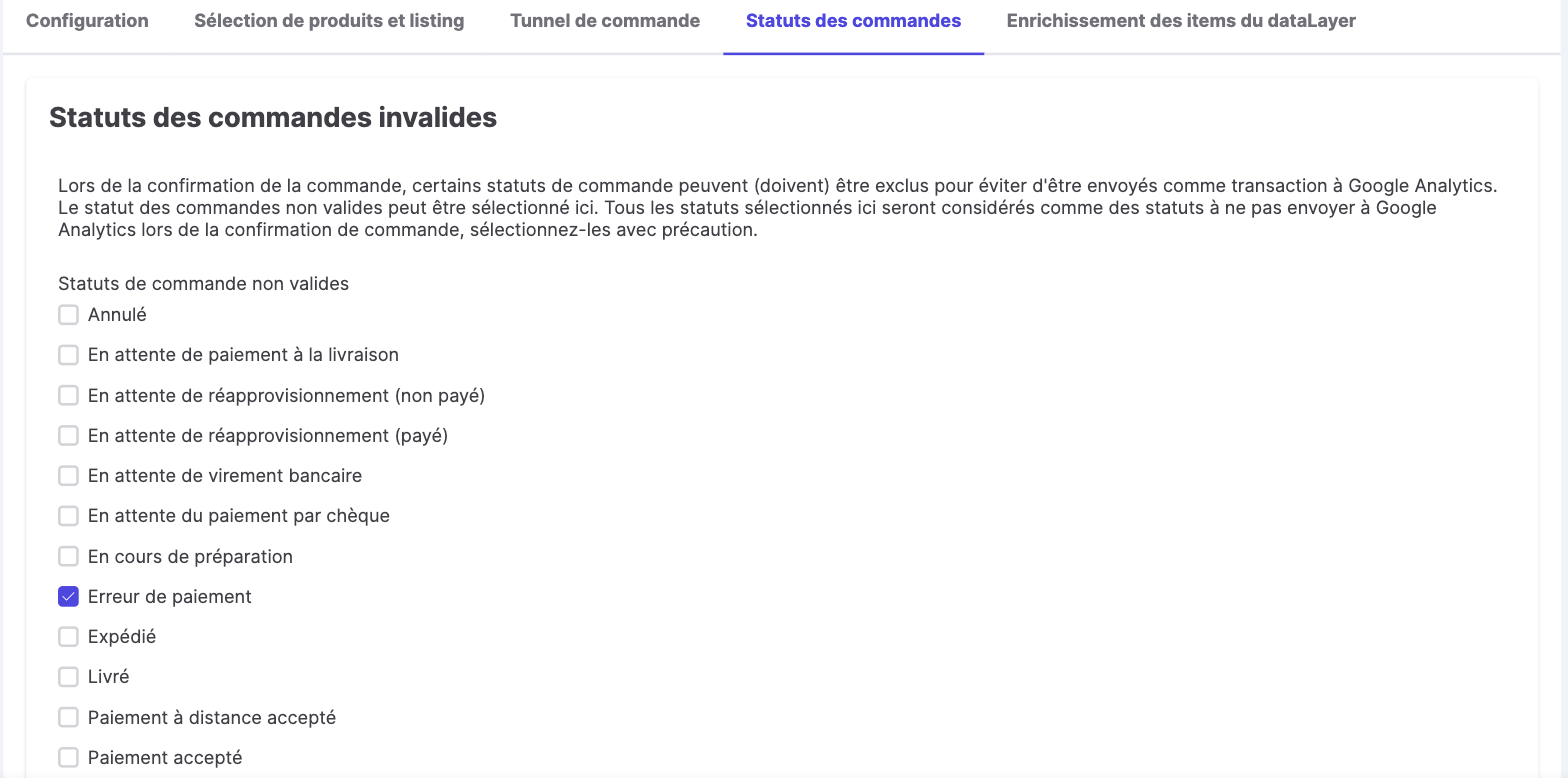 Onglet Statuts des commandes dans l'interface GTM du module Kixell Tag