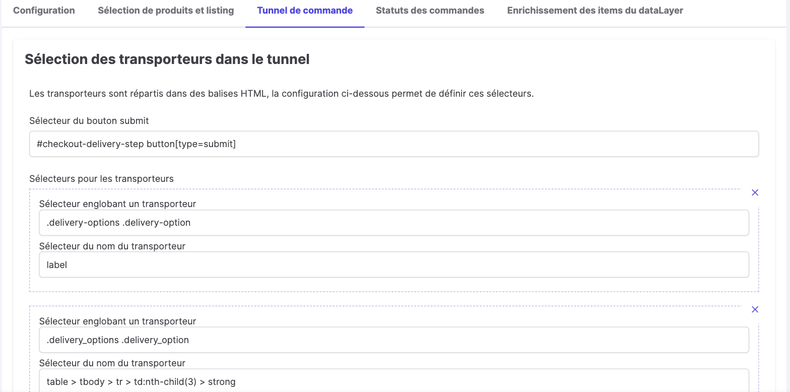 Onglet Tunnel de commande dans l'interface GTM du module Kixell Tag
