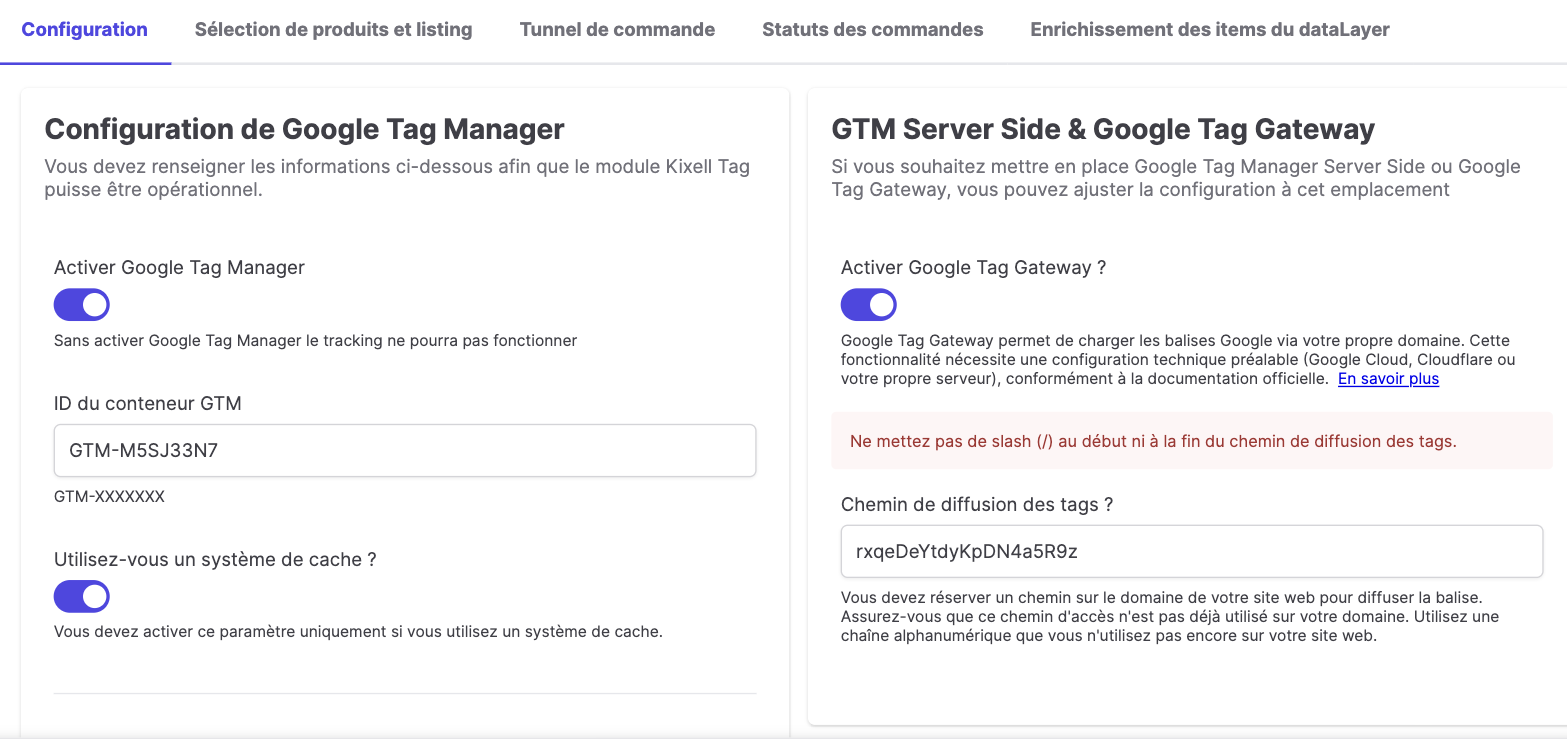 Activation du Google Tag Gateway dans l'interface GTM du module