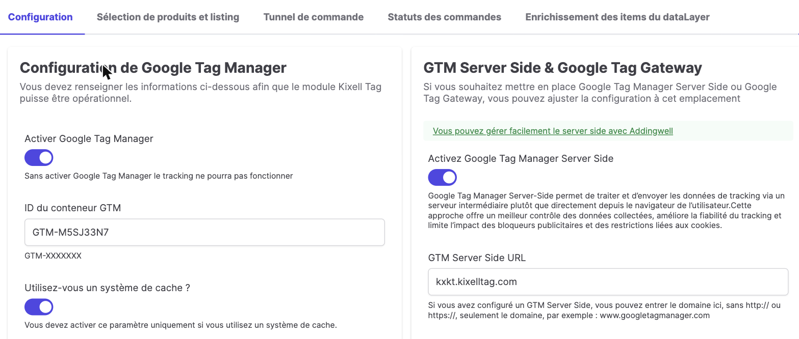 Interface Google Tag Manager du module Kixell Tag
