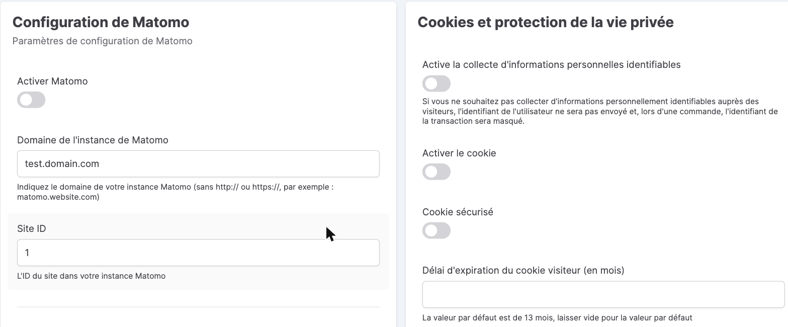 Configuration de Matomo dans le back-office Kixell Tag