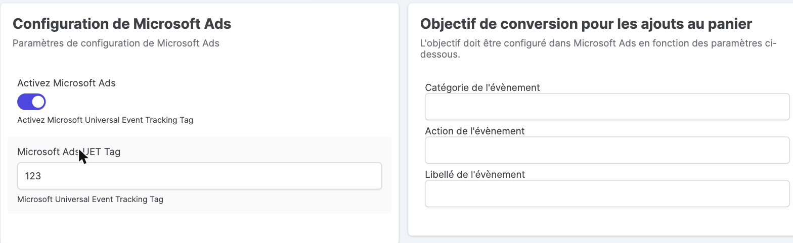 Configuration de Microsoft Ads (UET Tag) dans le back-office Kixell Tag