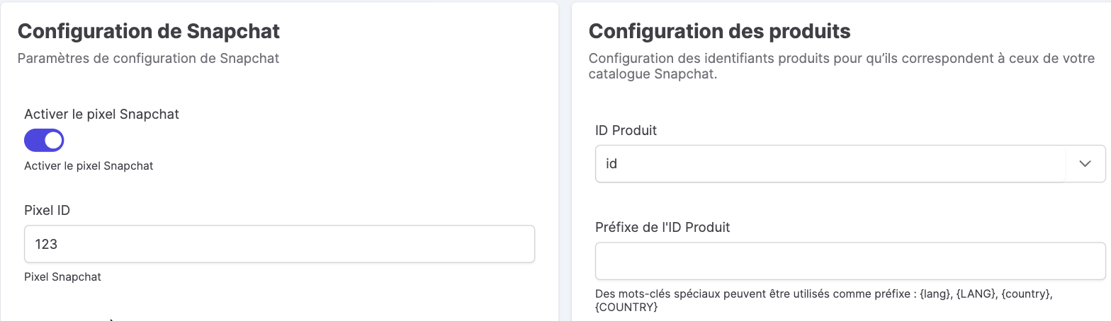 Configuration du Pixel Snapchat dans le back-office Kixell Tag